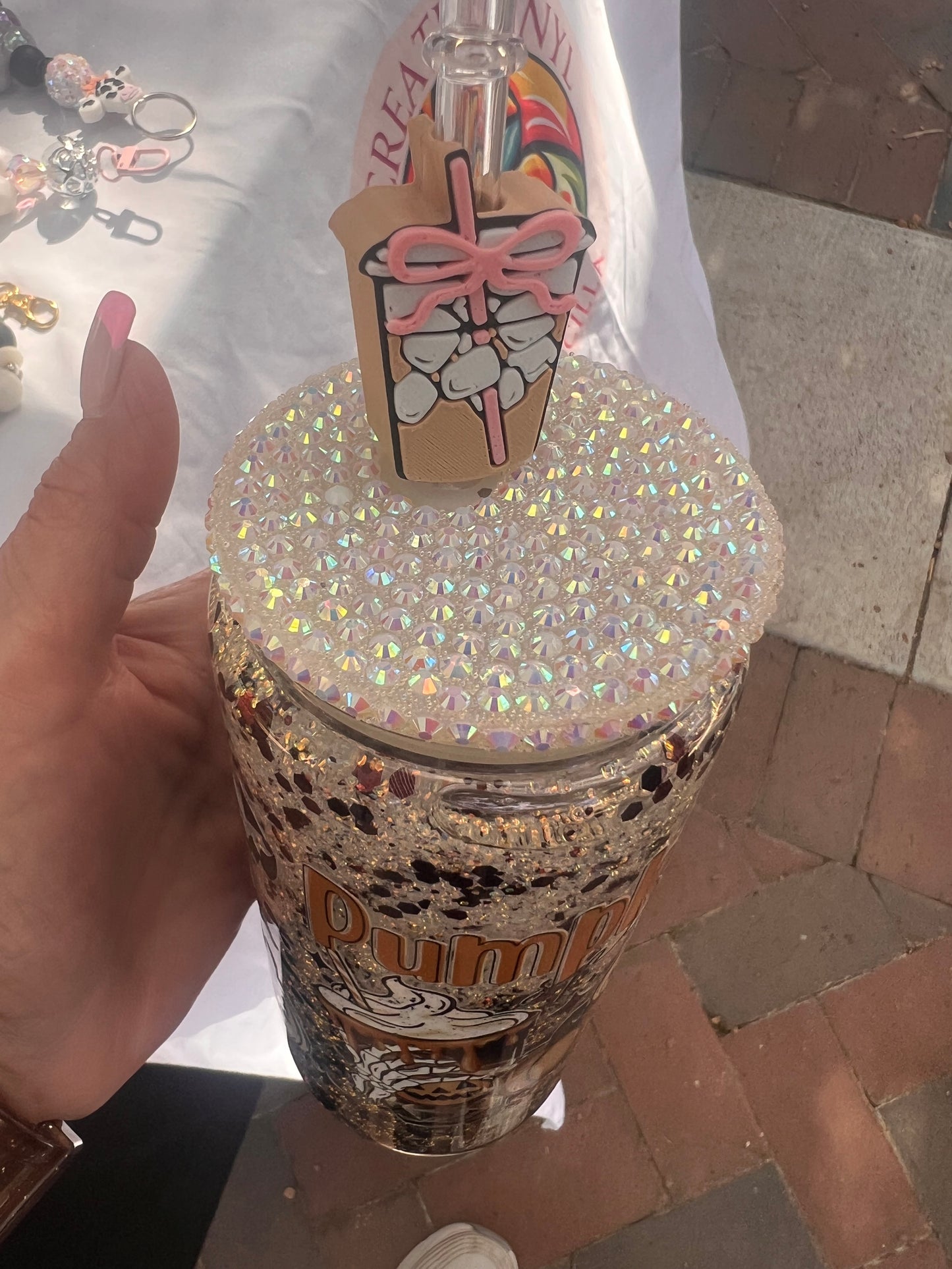 Sold. Fall Pumpkin Coffee 20oz Snow Globe white rhinestone lid