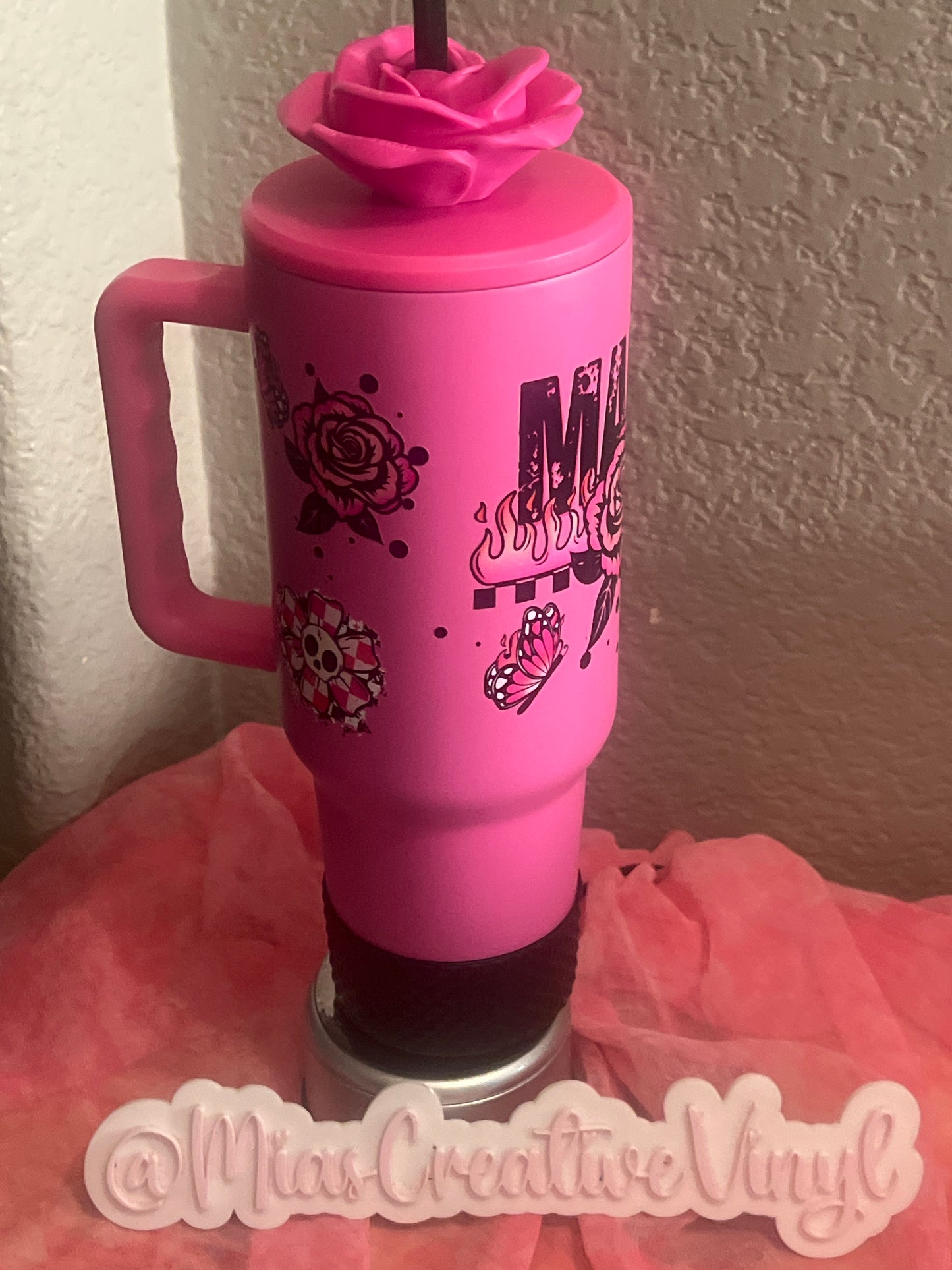 40oz MAMA Pink Stainless Steel tumbler with oversized Rose topper