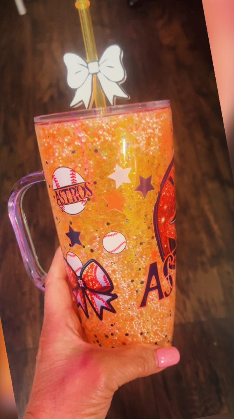 24 oz ASTRO BASEBALL Acrylic Cup with handle, Snow Globe Orange glitter with matching straw topper