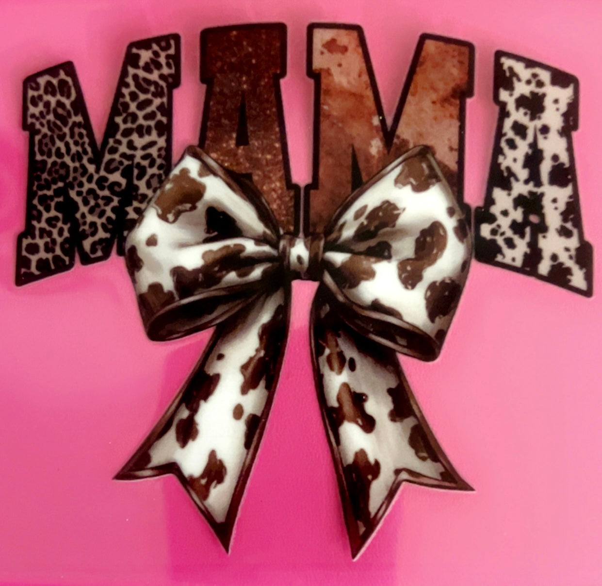 Decal UVDTF 4in Cow print mama with croquette bow