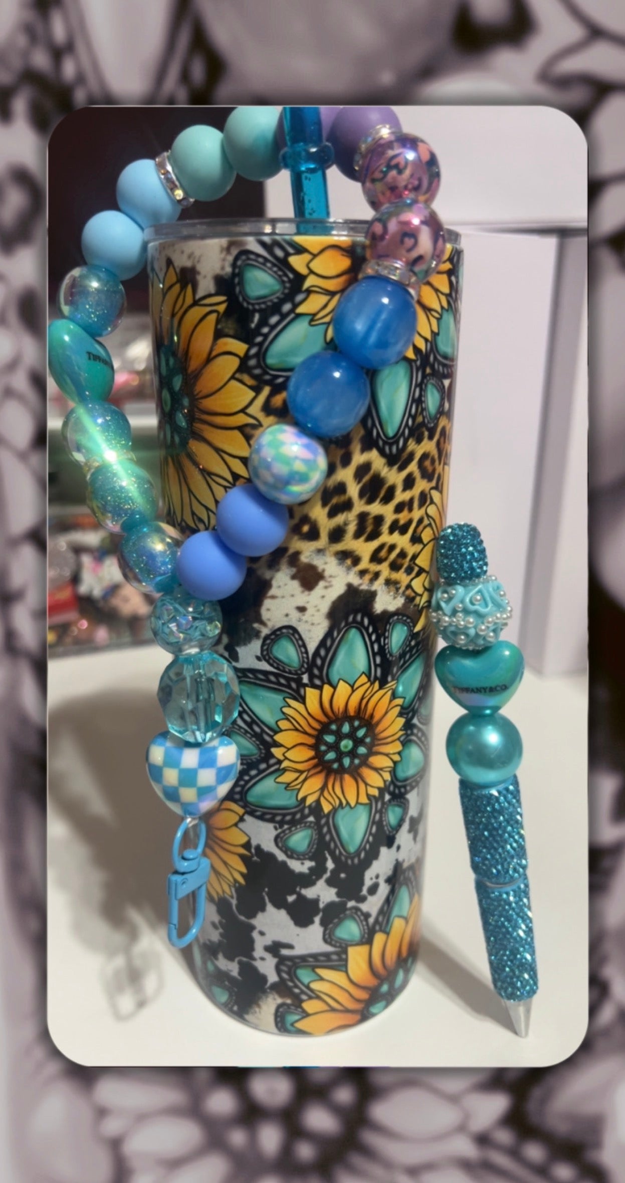 Sunflower Turquoise Gift Bundle, Tumbler Stainless Steel, includes Phone Wrislet and Bling Pen