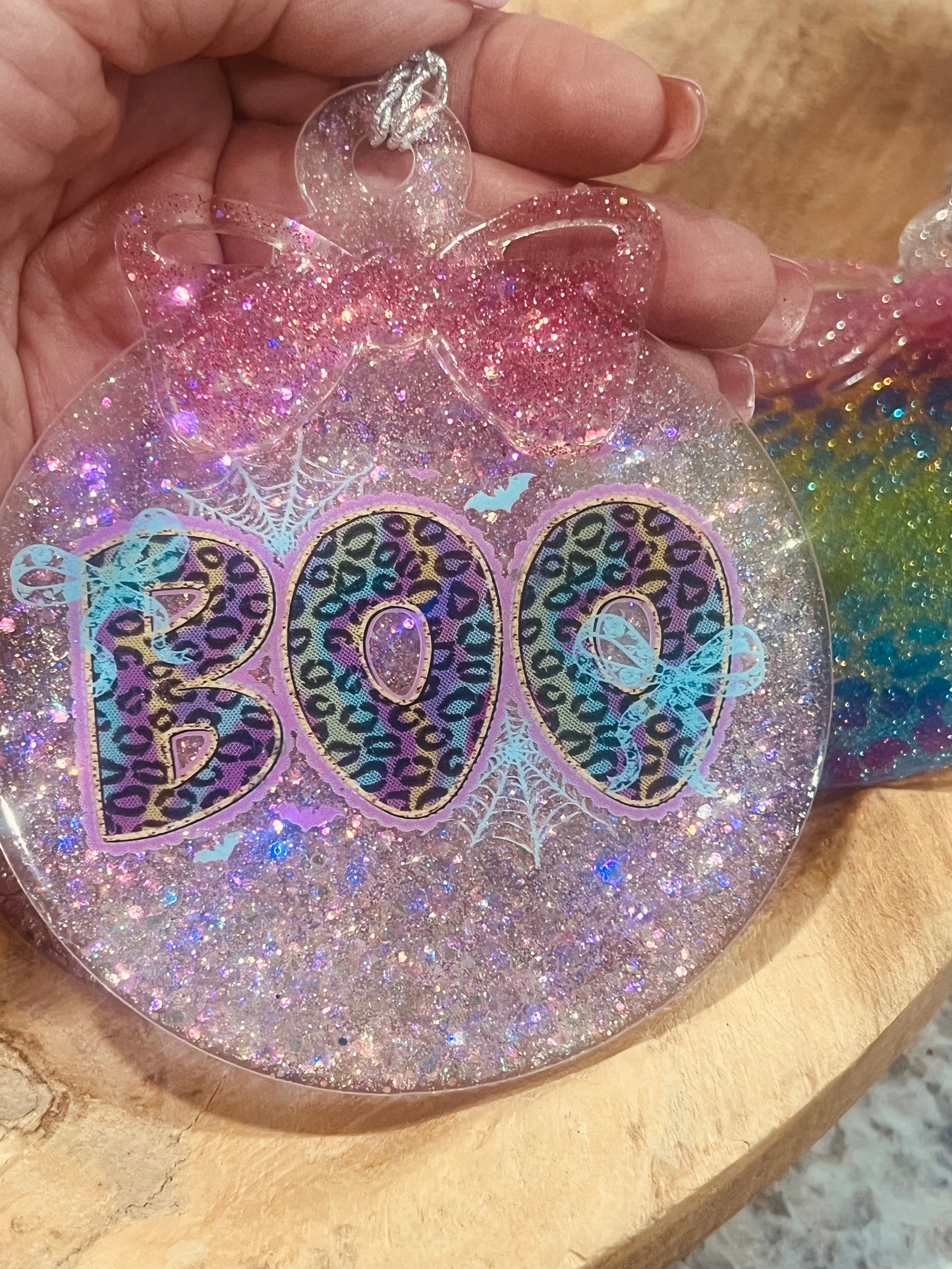 Pink Boo Ornament 4 inch acrylic. with a pink acrylic bow.