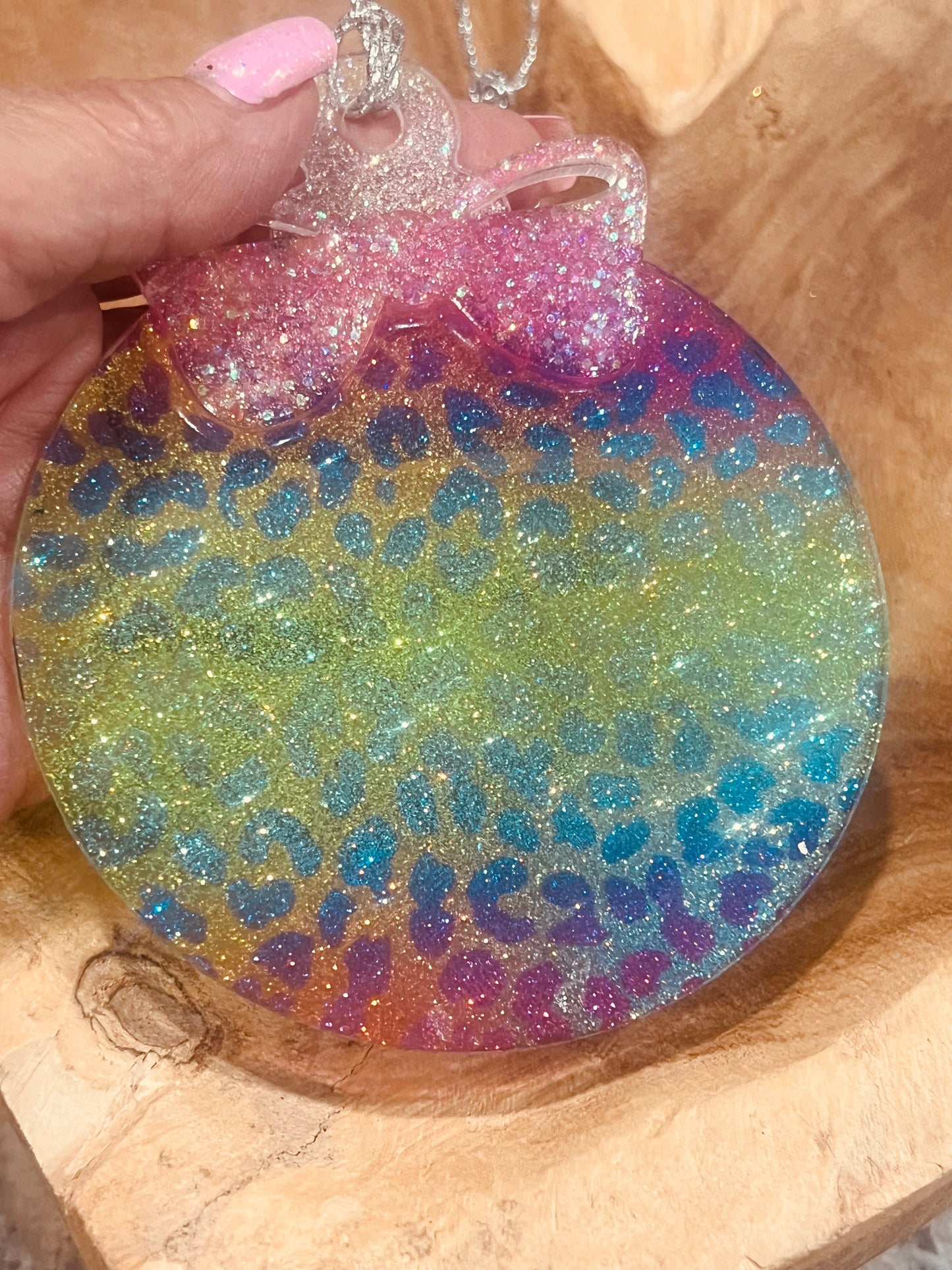Green Pink Ornament 4 inch acrylic, leopard pattern with acrylic pink bow