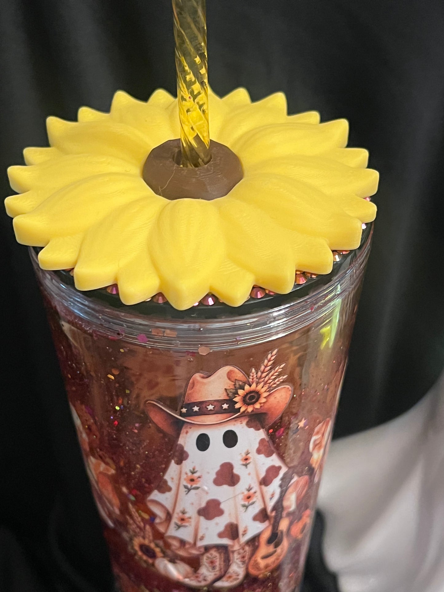 24oz Western Ghost Lava Tumbler. rhinestone lid and sunflower straw topper.