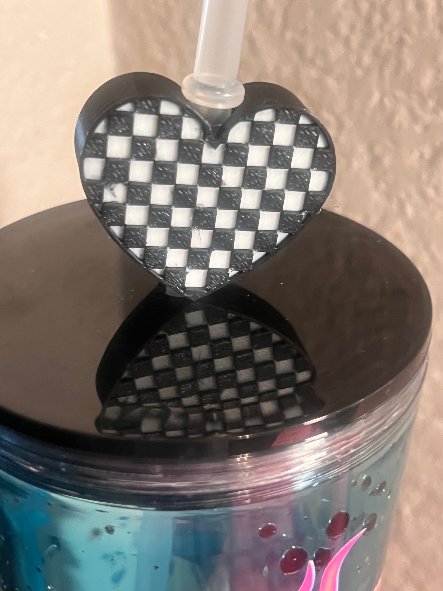 24oz Let Them Lava Snow Globe acrylic with silver glitter, blk lid w checkered, heart, straw topper