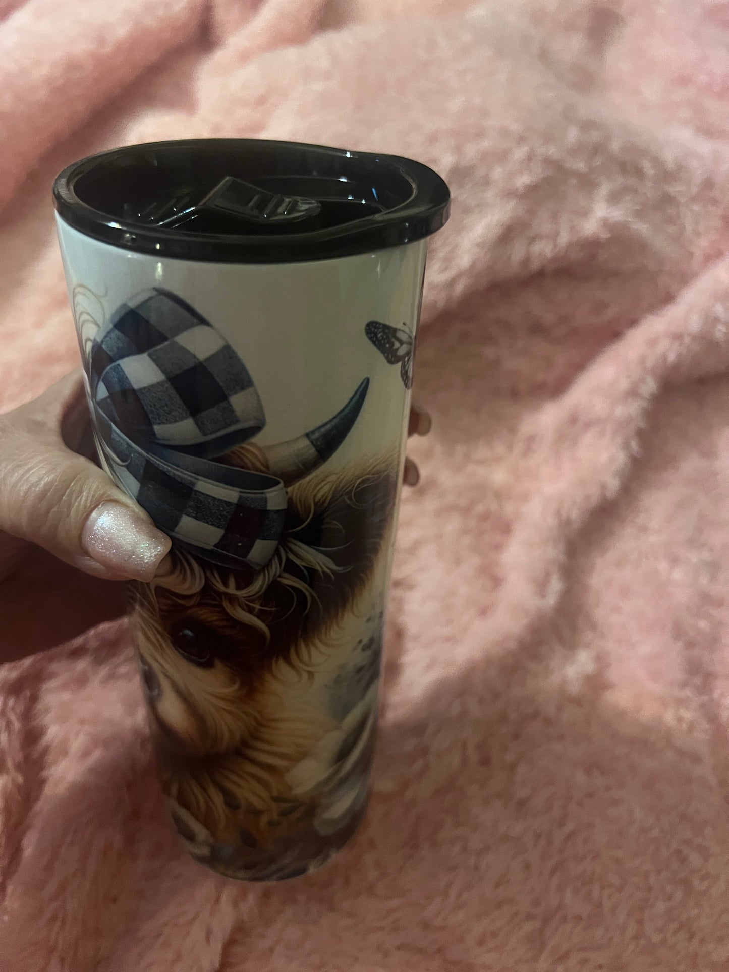 20 oz Skinny Tumbler Highland Cow Blk Bow