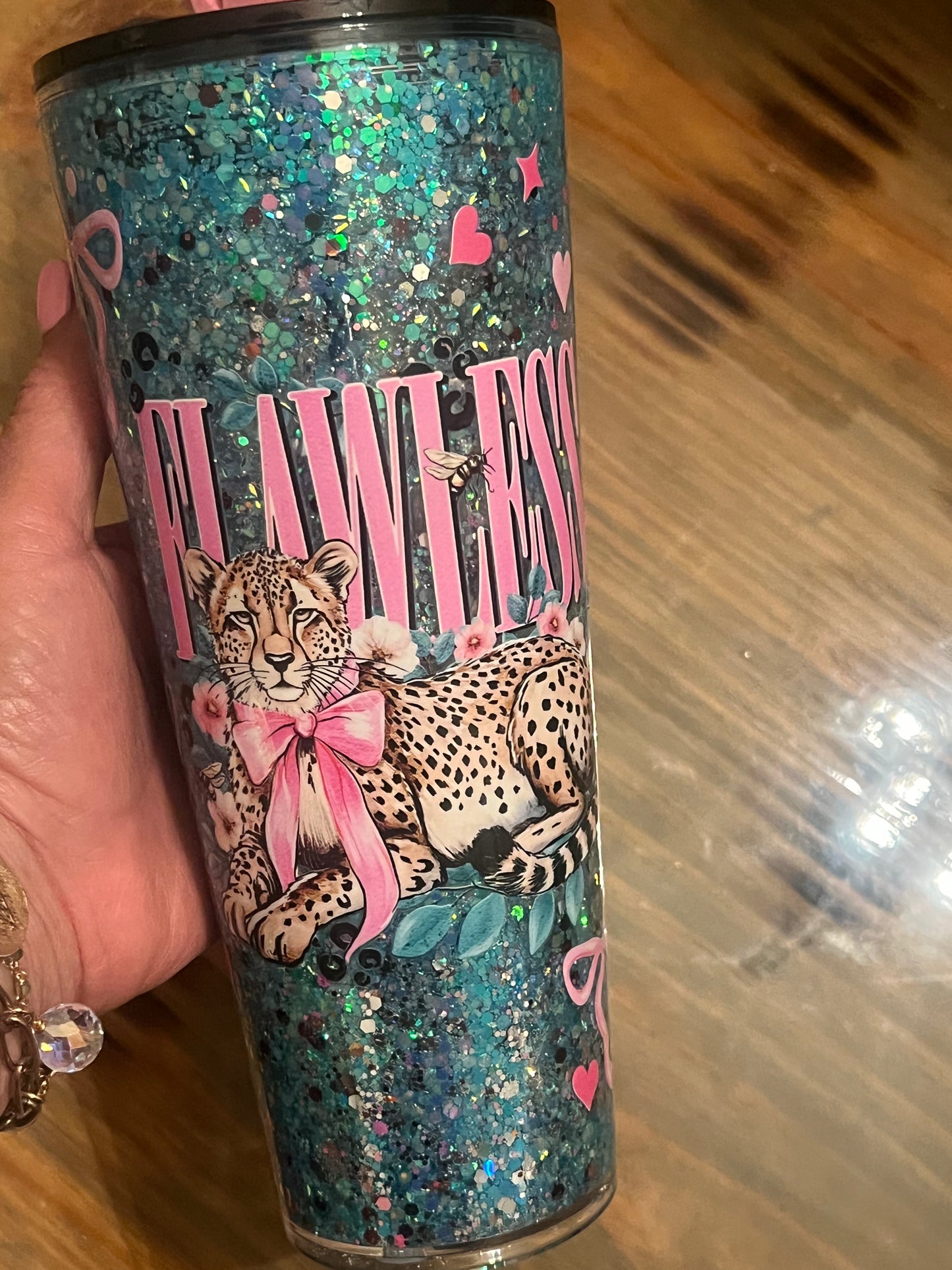 24oz Spoiled Leopard, turquoise blend snow globe. Matching topper included.