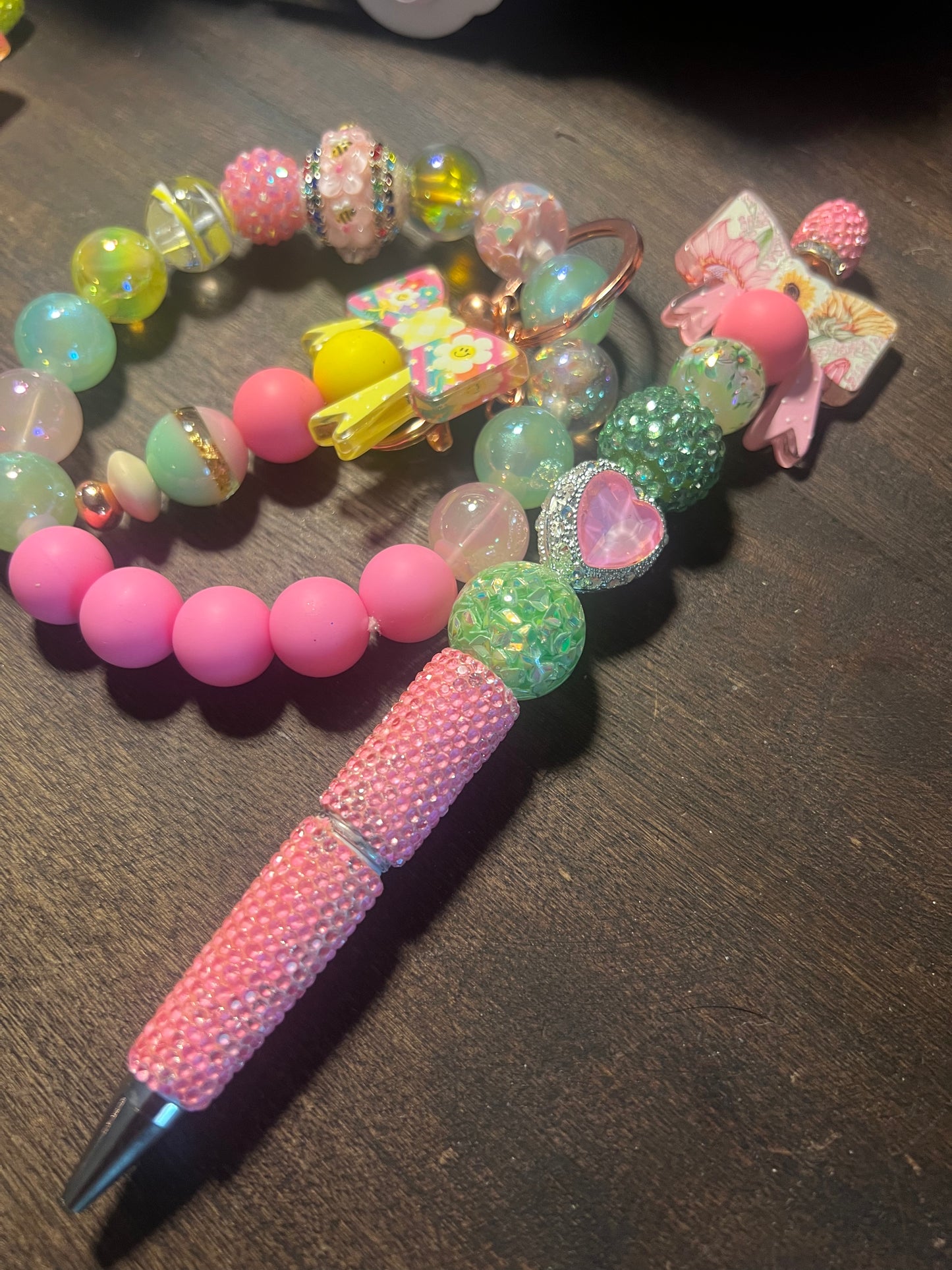 Phone or Key Wristlet Silicone/Acrylic Bead Mix SET-PINK