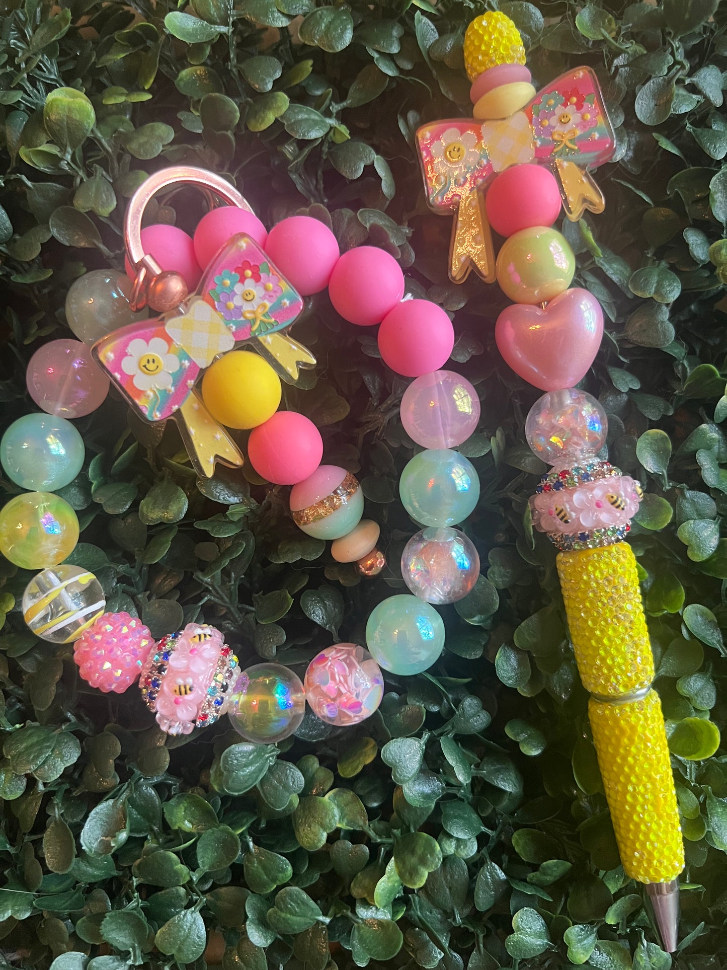 Phone or Key Wristlet Silicone/Acrylic Bead Mix SET-YELLOW