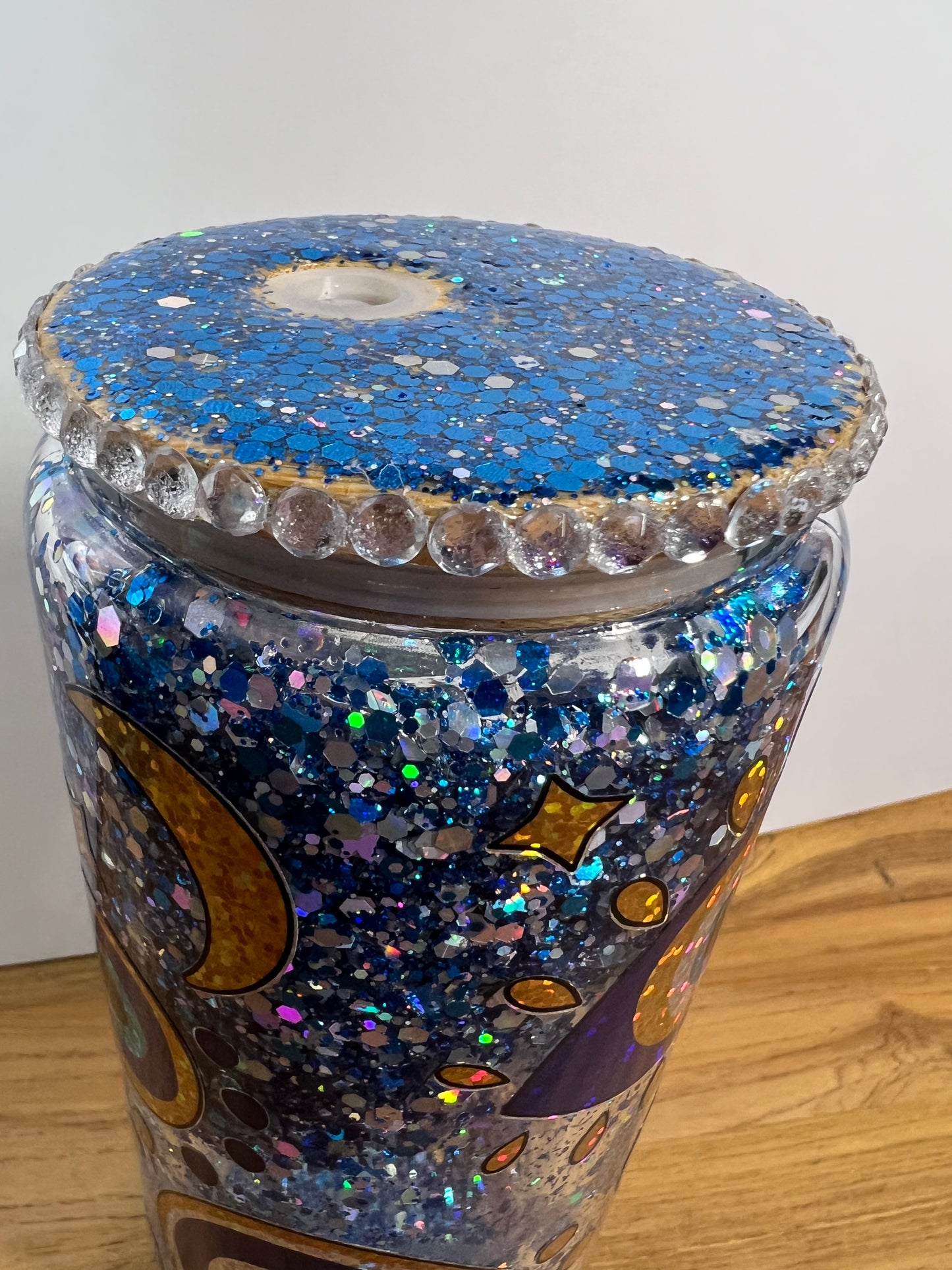 NEW 20oz Snow globe, Glass, Blue Eye, Blue Glitter and Rhinestones