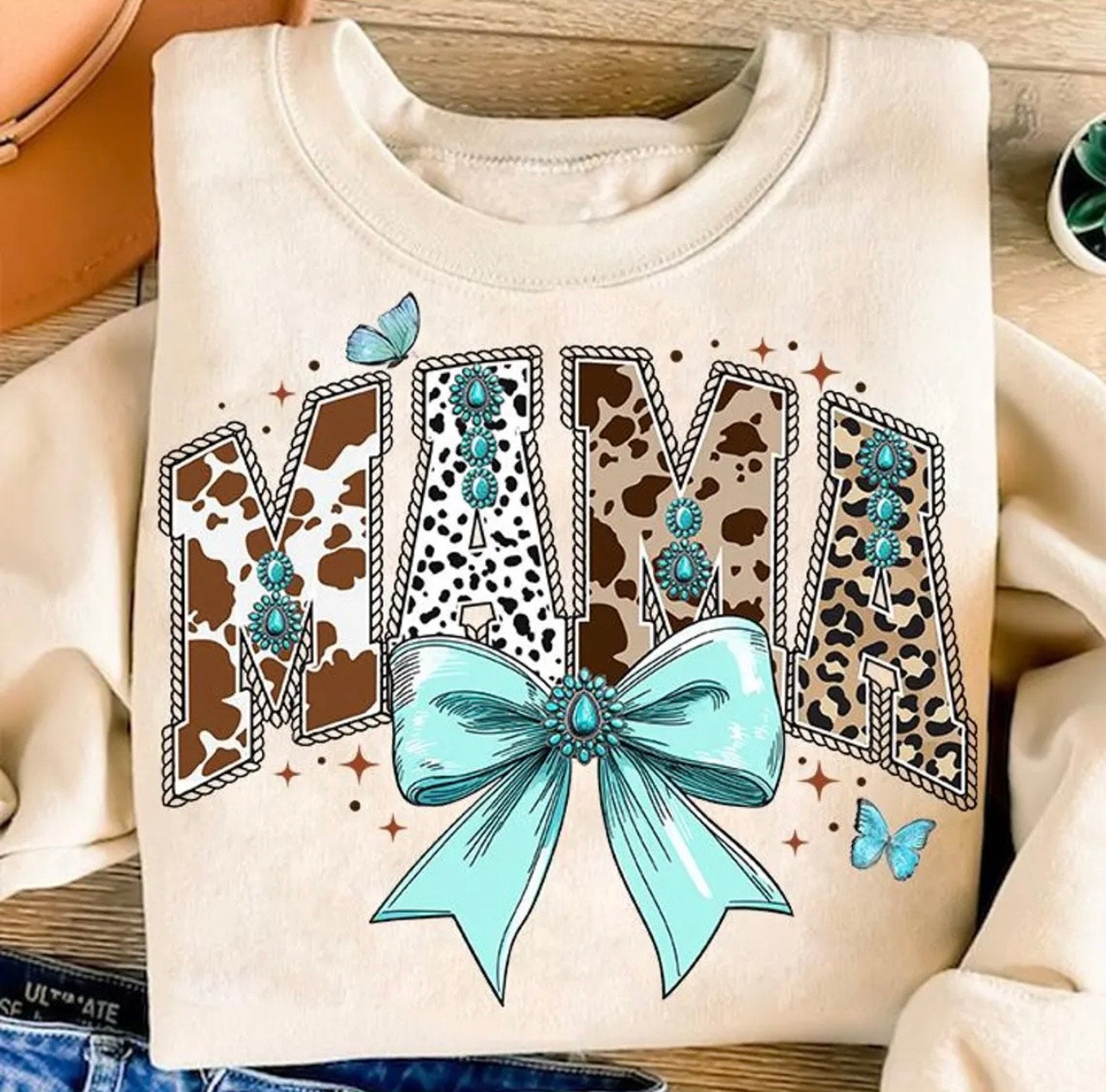 Sand Sweatshirt DTF Vinyl - Cow print Mama with bow