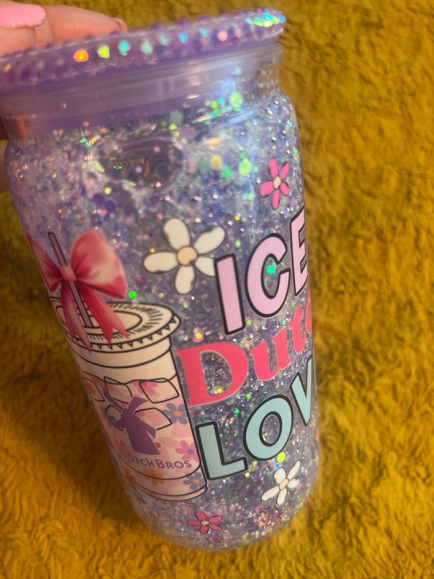 16oz Purple Iced Dutch Lover w Rhinestone, Glitter Lid Snowglobe