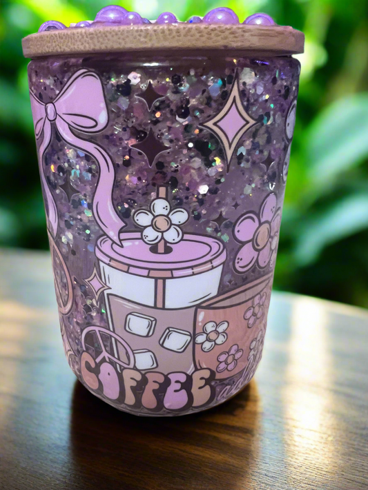 15 oz Glitter Snow Globe Coffee Addict Cup with custom decorated bling lid