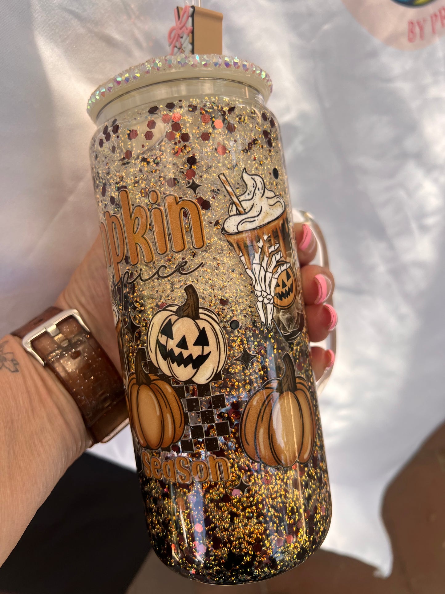 Sold. Fall Pumpkin Coffee 20oz Snow Globe white rhinestone lid