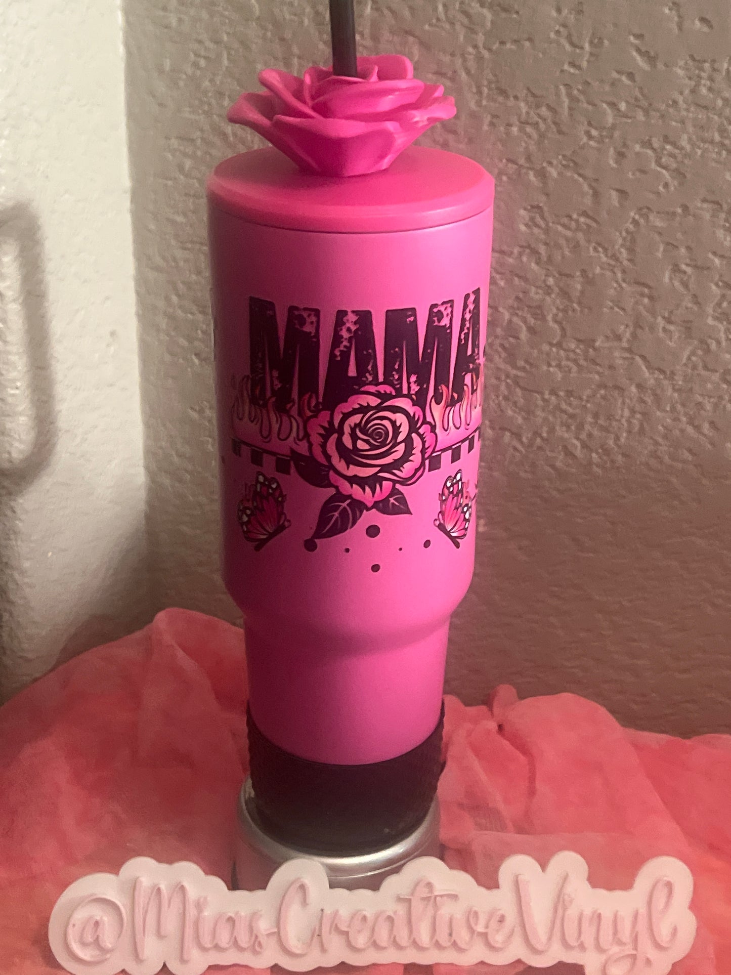 40oz MAMA Pink Stainless Steel tumbler with oversized Rose topper