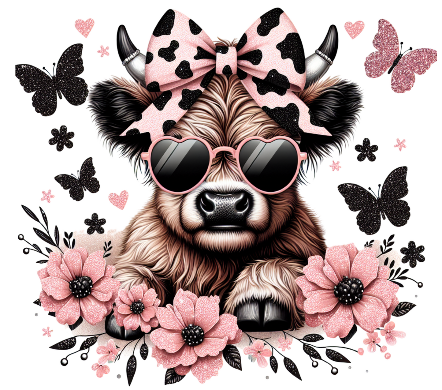 Highland Cow with Bow and Butterflies Pink T-shirt