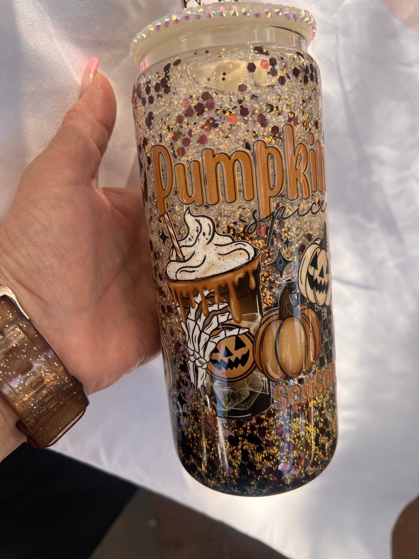 Sold. Fall Pumpkin Coffee 20oz Snow Globe white rhinestone lid