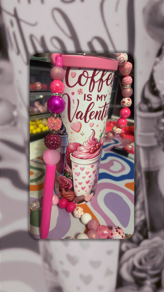 Coffee is my Valentine Gift Bundle, Tumbler Stainless Steel, includes, 4 piece, Tumbler Strap, Phone Wrislet and Bling Pen