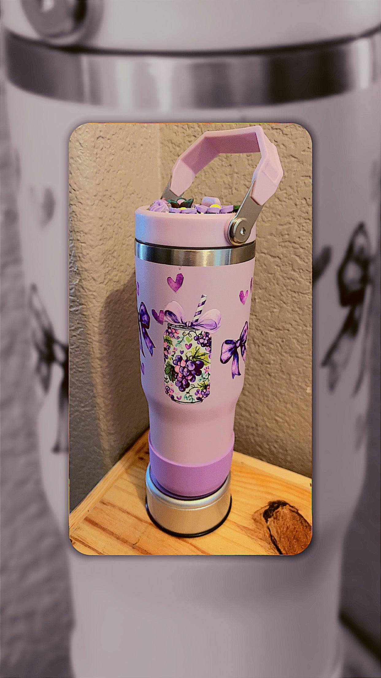 30oz Purple Water bottle, “Floral Drinks” Stainless Steel tumbler