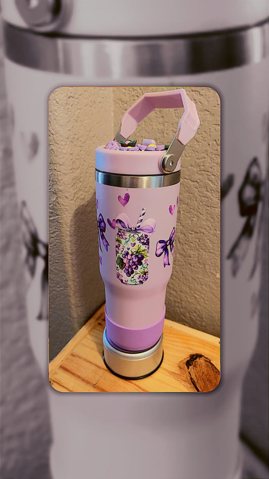 30oz Purple Water bottle, “Floral Drinks” Stainless Steel tumbler