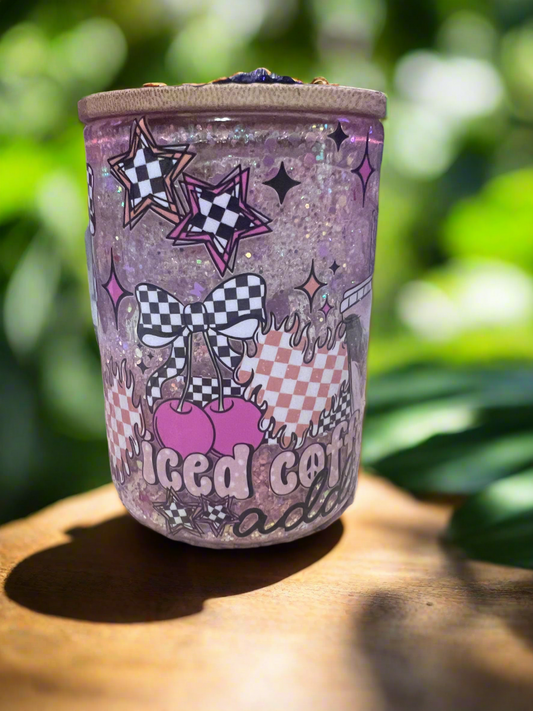 15 oz Glitter Snow Globe Coffee Addict Cup with custom bling out lid