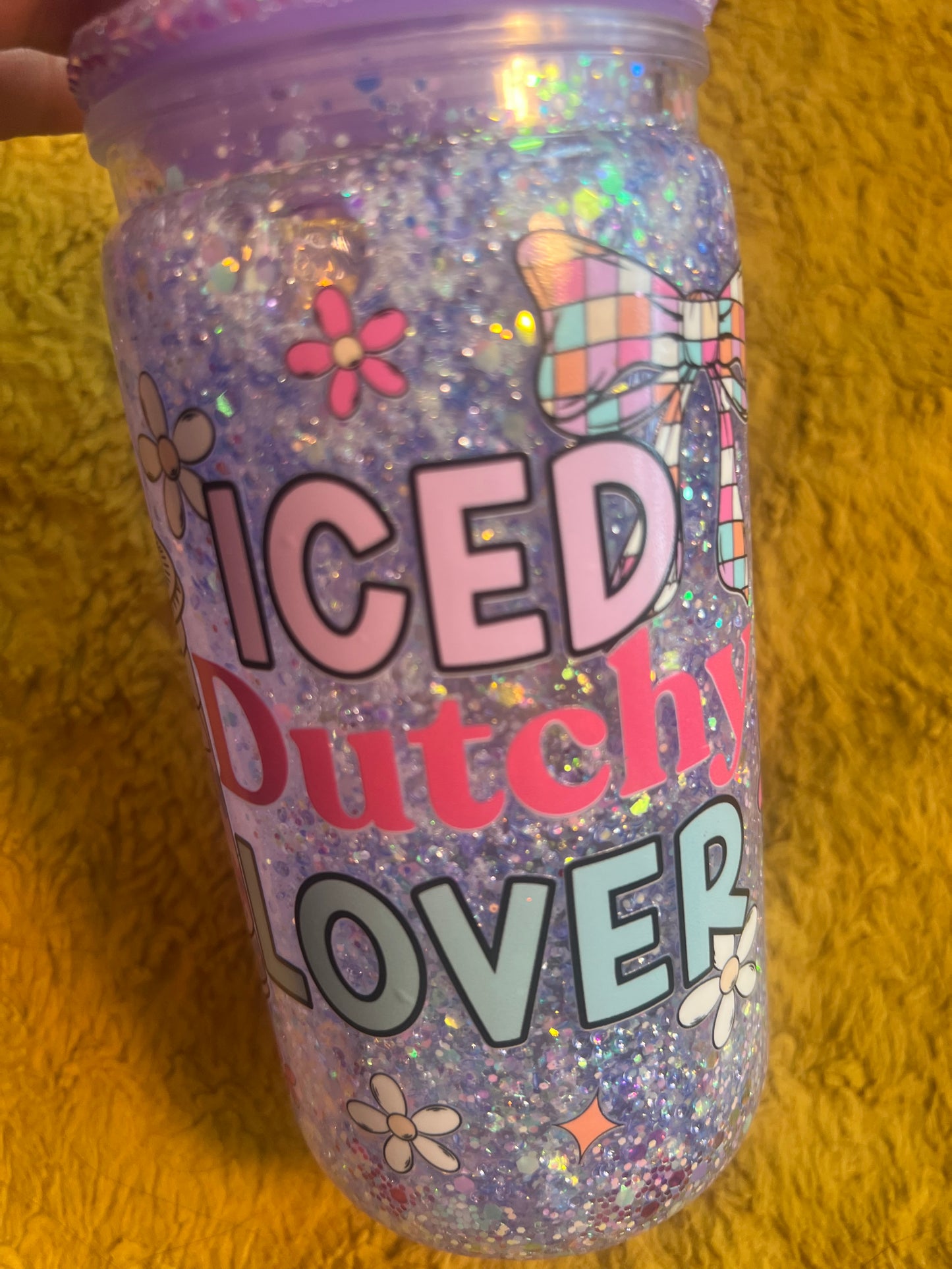 16oz Purple Iced Dutch Lover w Rhinestone, Glitter Lid Snowglobe