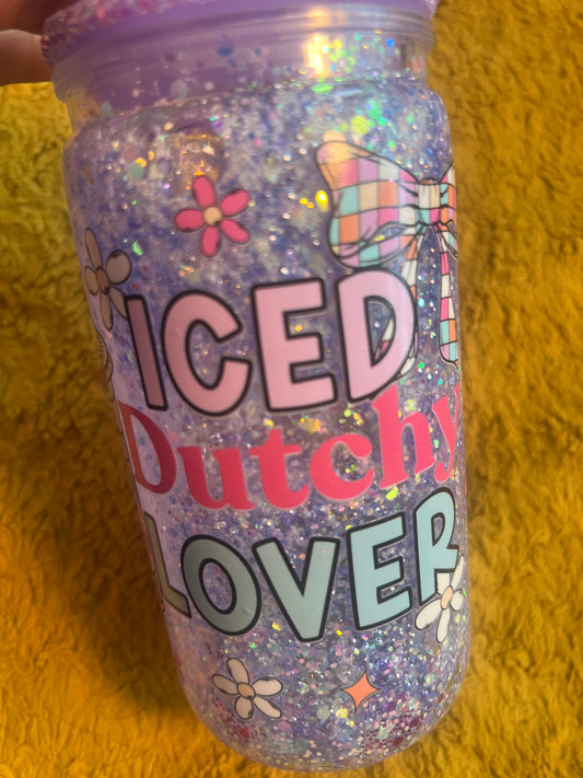 16oz Purple Iced Dutch Lover w Rhinestone, Glitter Lid Snowglobe