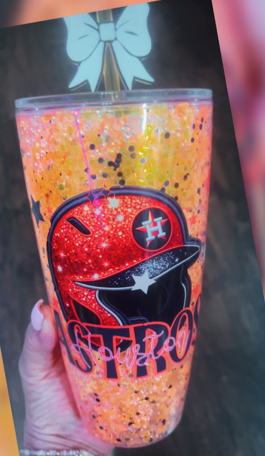 24 oz ASTRO BASEBALL Acrylic Cup with handle, Snow Globe Orange glitter with matching straw topper