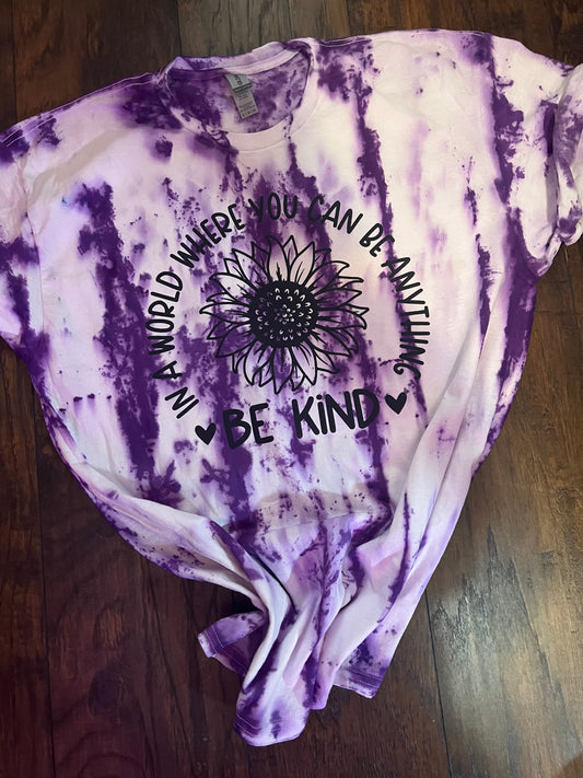 100% Gildan White Tee, Purple Tie dye. Front DTF Vinyl "Be Kind"