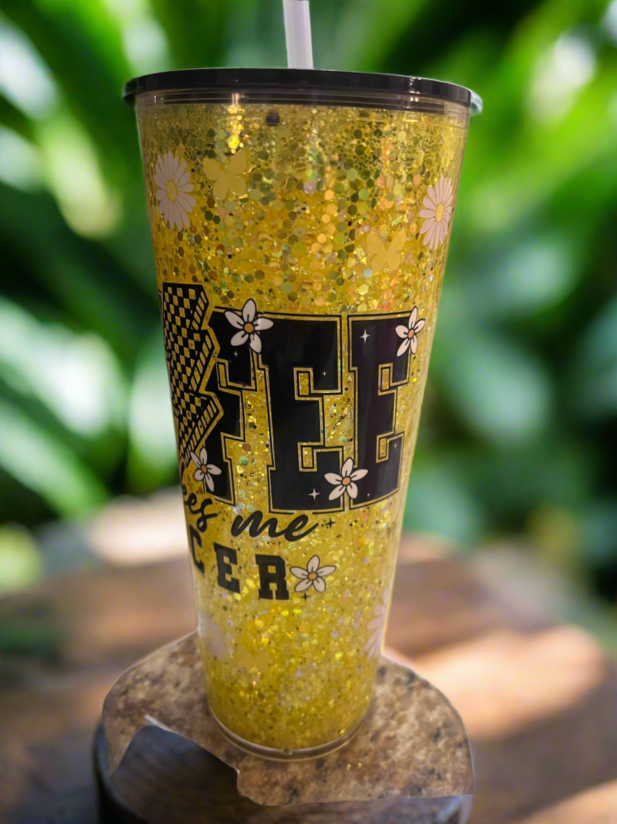 SALE. 24oz Coffee Snow Globe acrylic with yellow glitter, blk lid w daisy vinyl