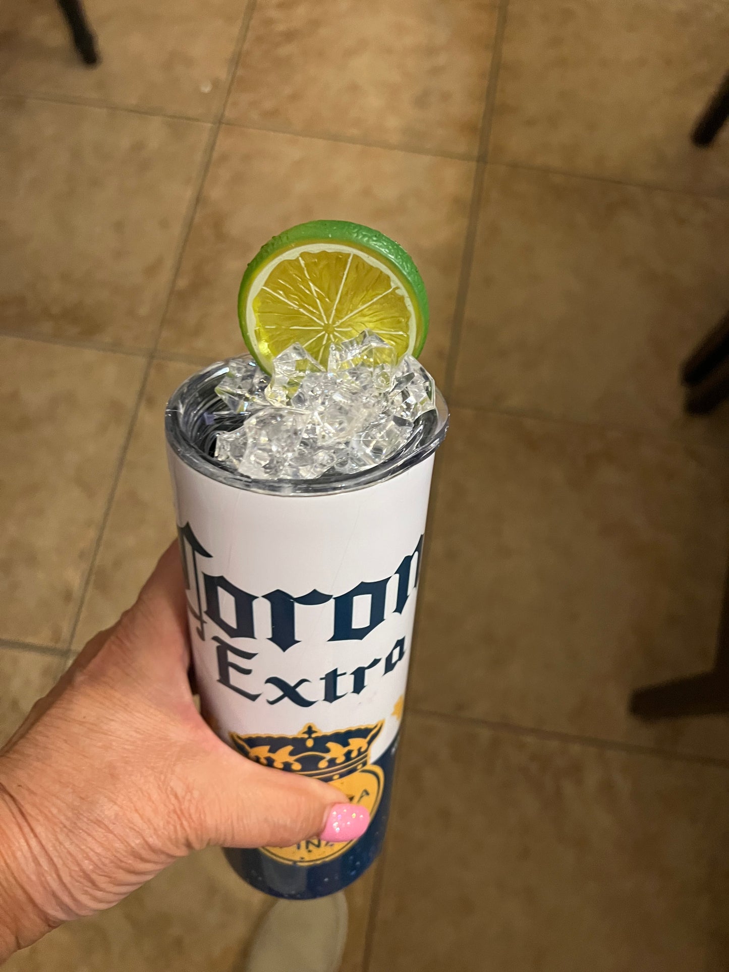 20 oz Tumbler "Corona Extra" with ice/lime plastic lid