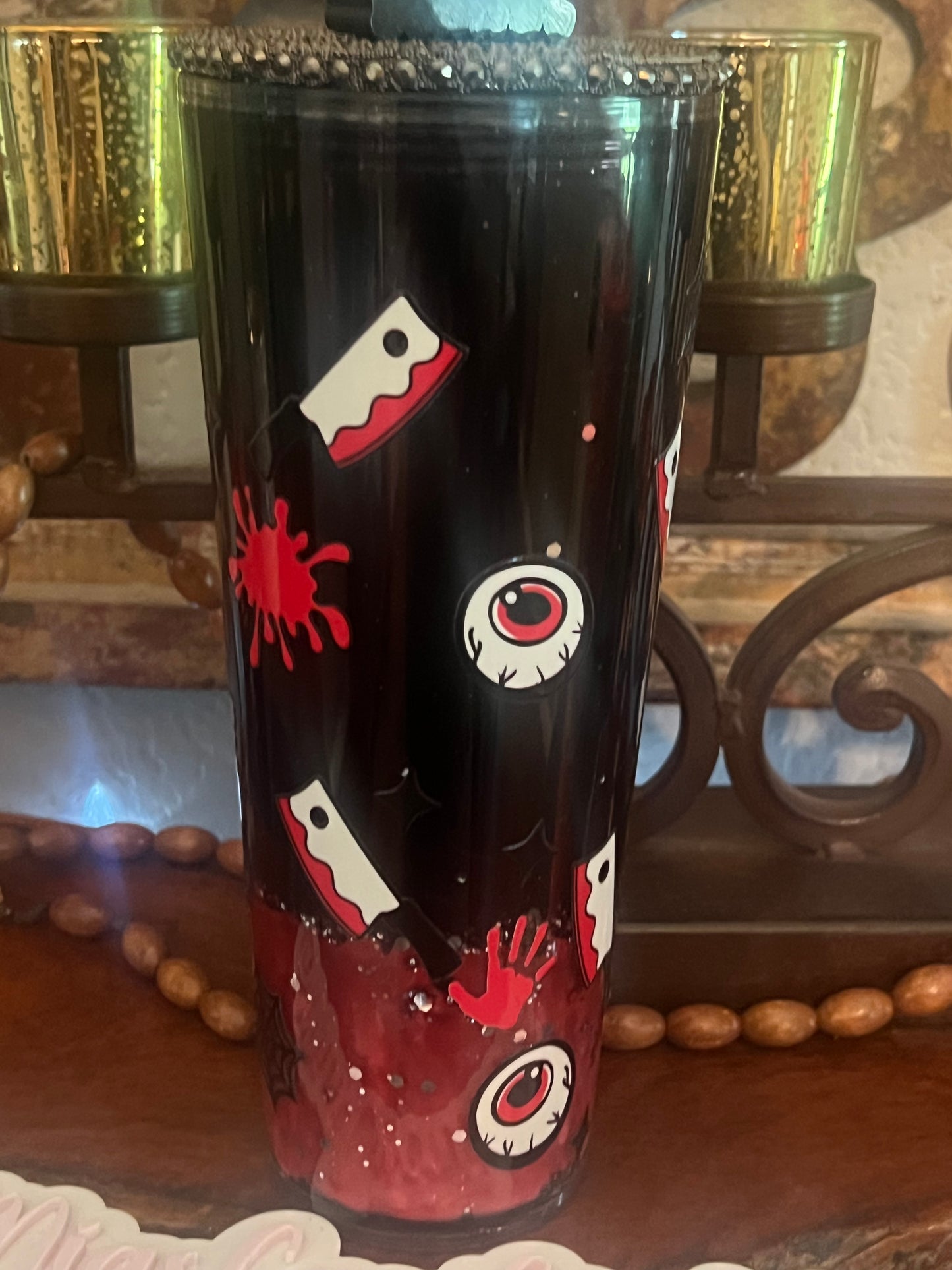 24oz True Crime, Black and Red Lava with matching Strawtopper