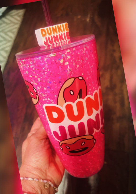 24 oz Dunkin Junkie Acrylic Cup with handle, Snow Globe Pink glitter. With matching straw topper.