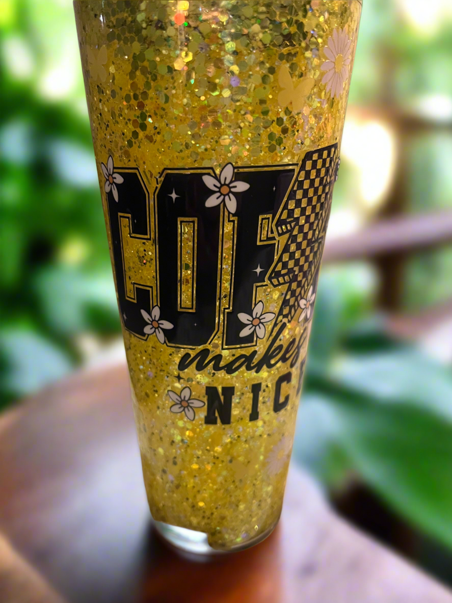 SALE. 24oz Coffee Snow Globe acrylic with yellow glitter, blk lid w daisy vinyl
