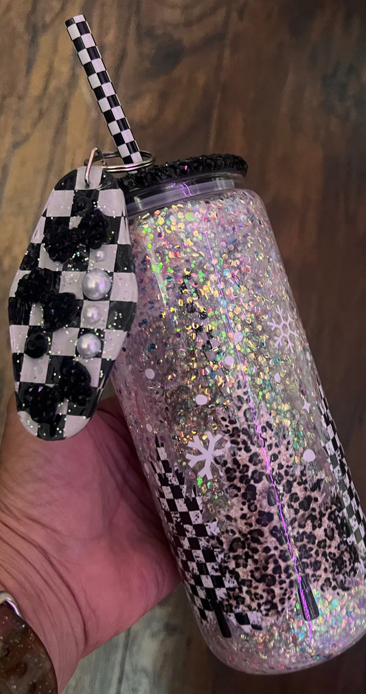 20oz Glass Snow Globe-Black Checkered Christmas Trees