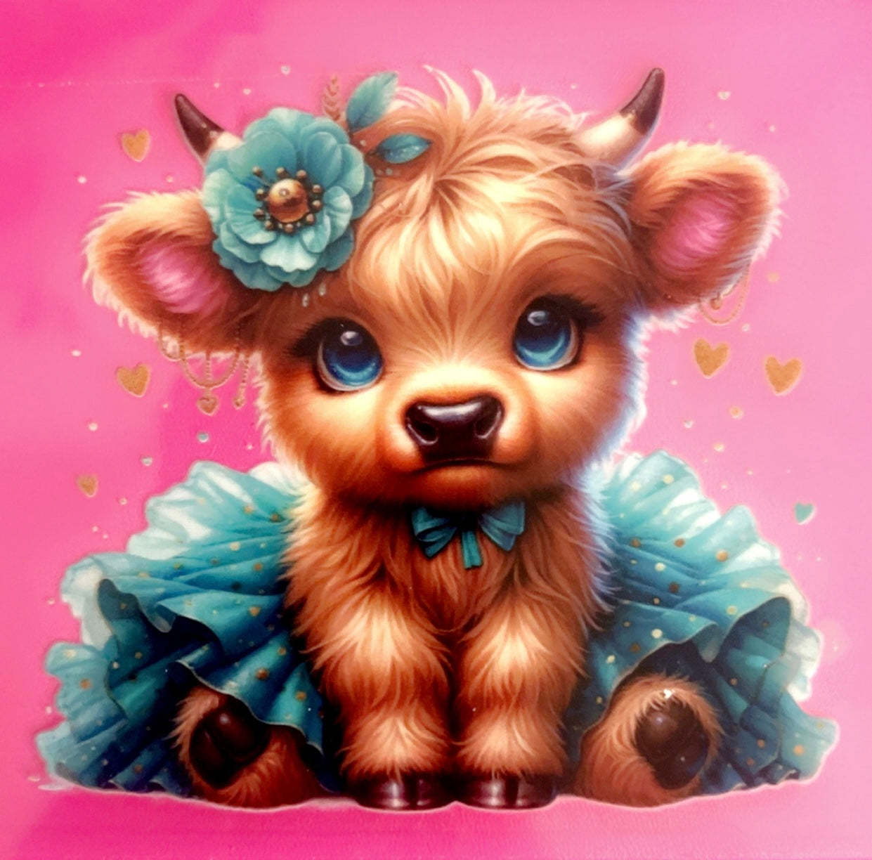 Decal UVDTF 4in Highland Cow Blue Dress w bow tie necklace