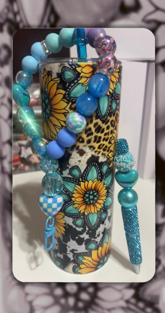 Sunflower Turquoise Gift Bundle, Tumbler Stainless Steel, includes Phone Wrislet and Bling Pen