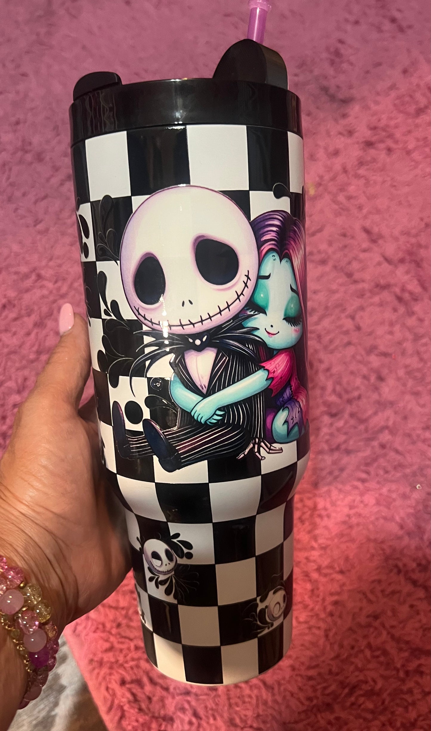 40oz Checkered Jack and Lucy Stainless Steel tumbler, straw topper included