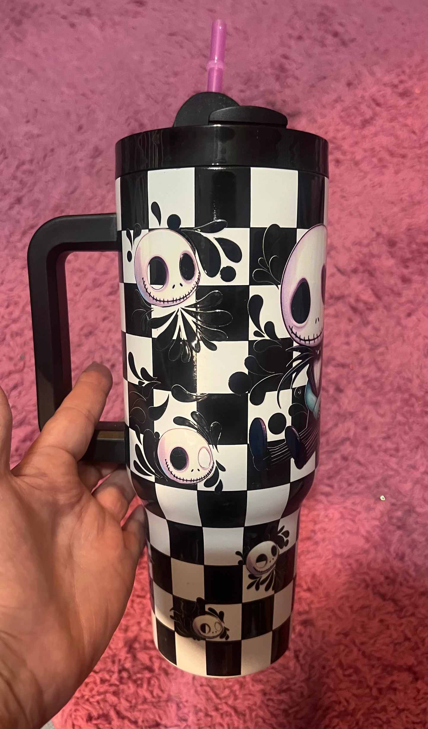40oz Checkered Jack and Lucy Stainless Steel tumbler, straw topper included