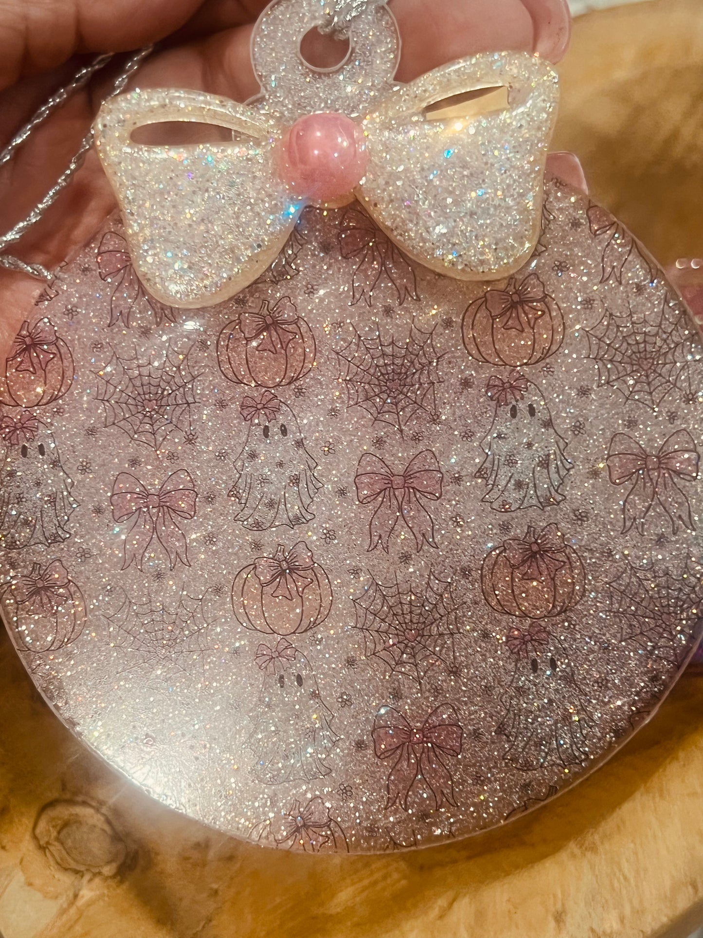 Ghost and Pumpkin Ornament 4 inch acrylic, acrylic pink bow