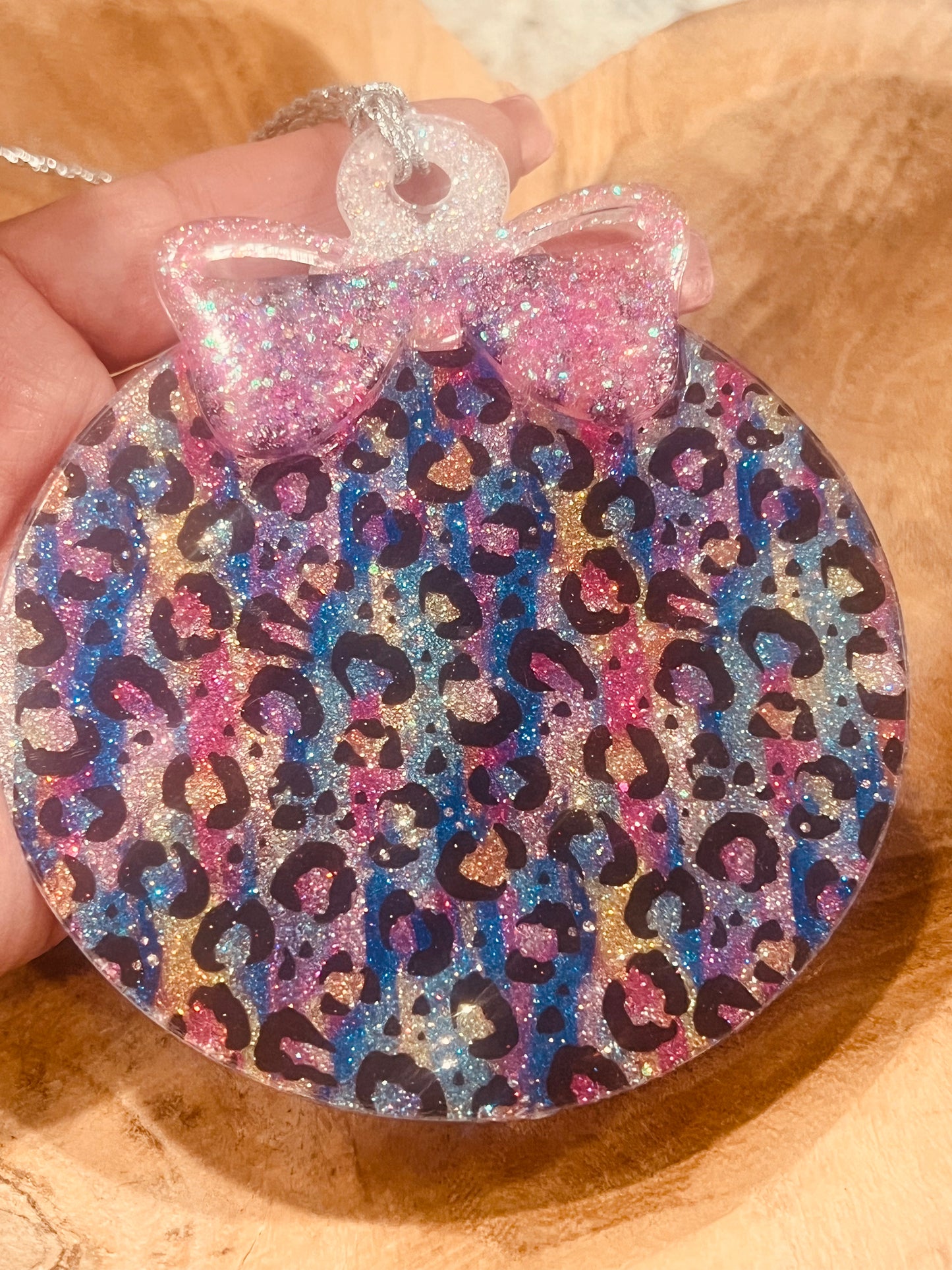 Multi color Ornament 4 inch acrylic, leopard pattern with acrylic pink bow