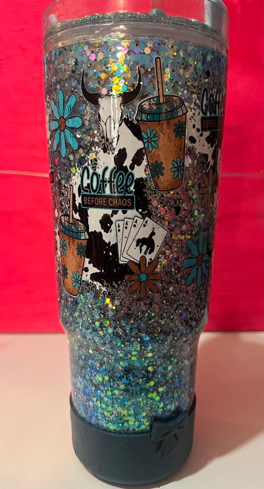 40oz Snowglobe, slow flow, western coffee, acrylic tumbler, ￼ custom lid, straw topper included