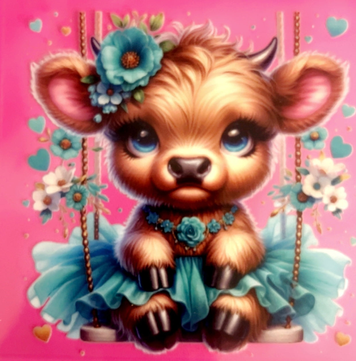 Decal UVDTF 4in Highland Cow Blue Dress w Floral necklace