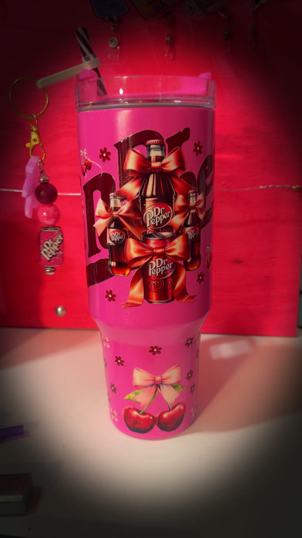 40oz Pink Stainless Steel, Dr. Pepper tumbler. Dr. Pepper Straw charm included
