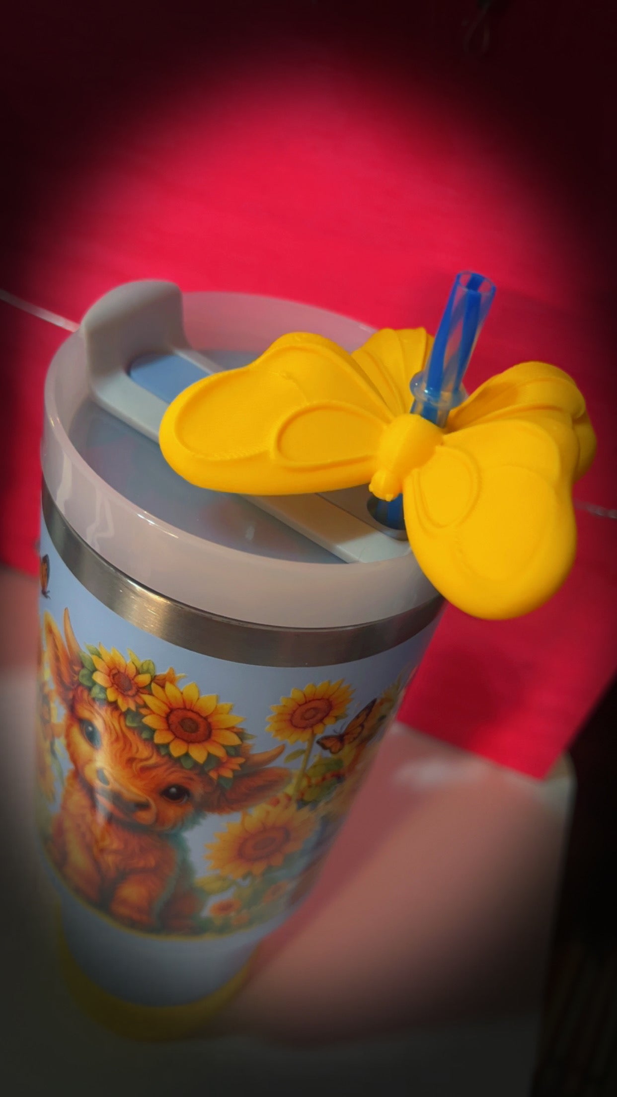 40oz Blue Stainless Steel, Highland Cow w Sunflowers tumbler. over sized yellow butterfly straw topper
