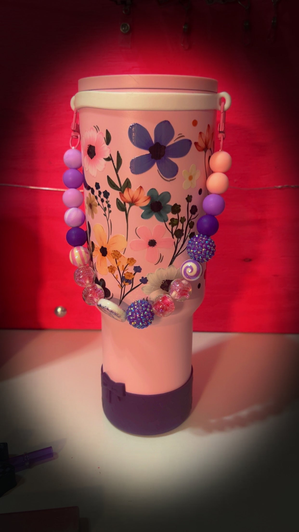 40oz Stainless Steel, floral Pink tumbler, beaded strap, using acrylic and silicone beads