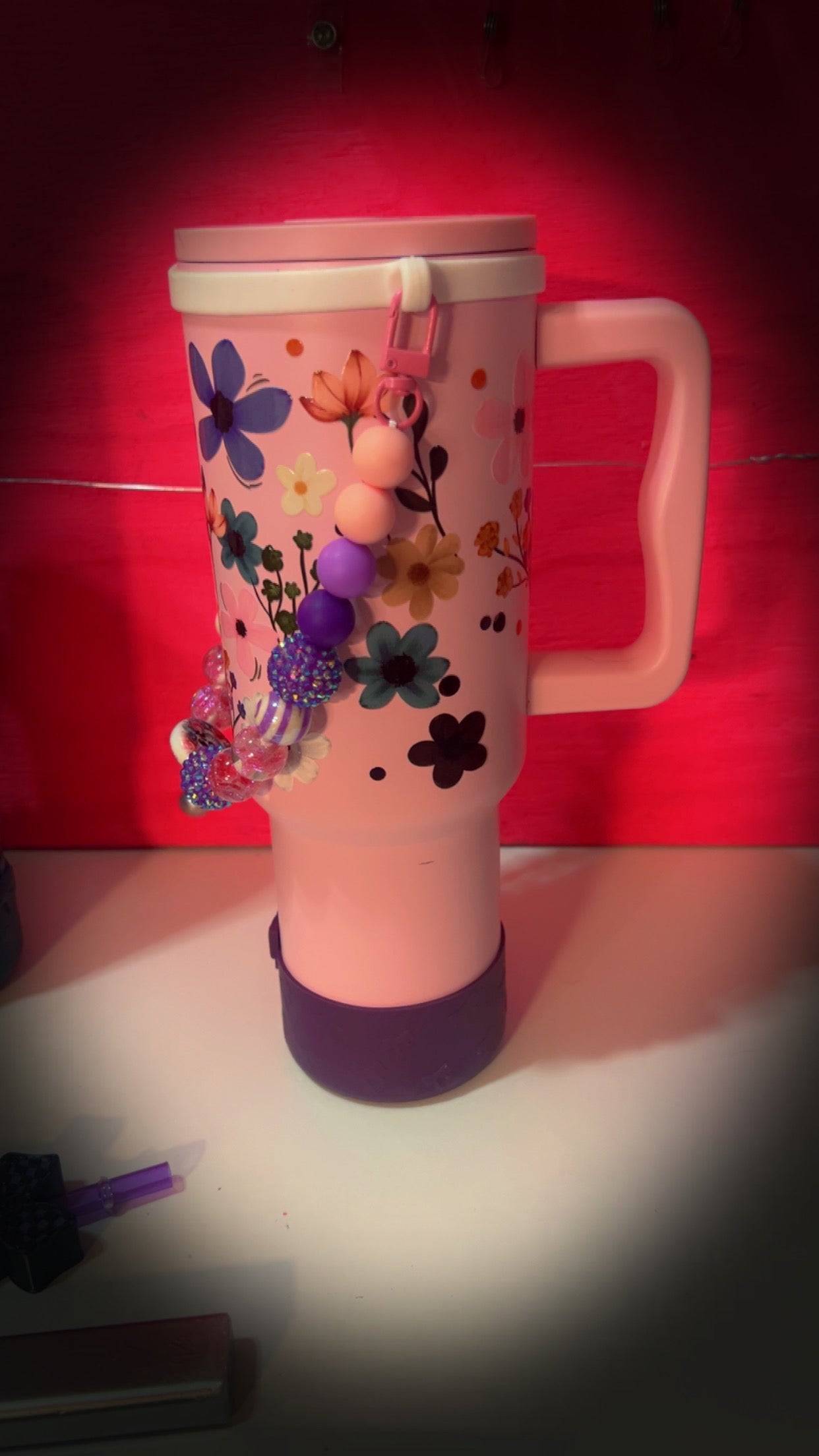 40oz Stainless Steel, floral Pink tumbler, beaded strap, using acrylic and silicone beads