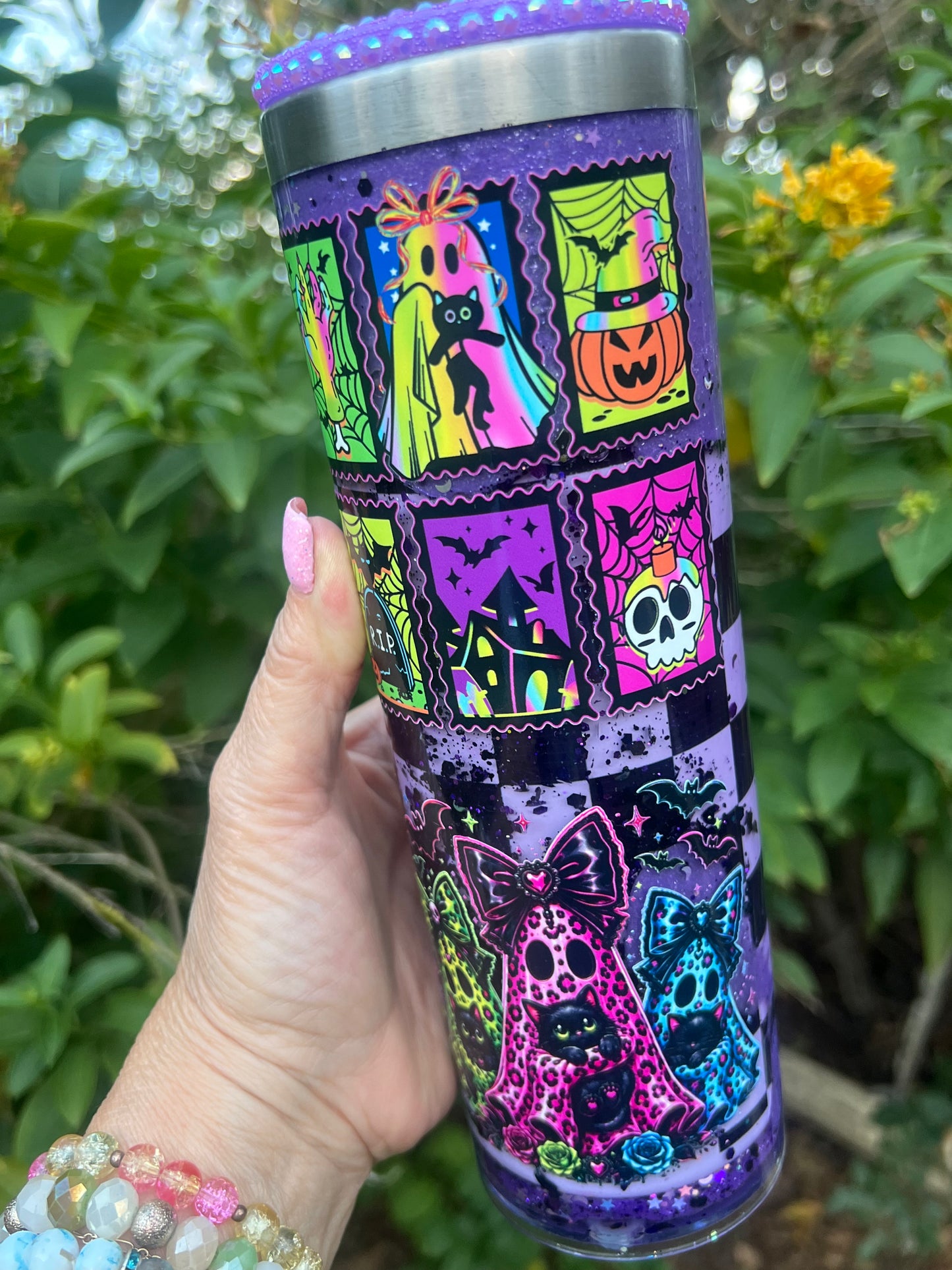 20oz acrylic and stainless steel combo, Halloween images, Rhinestone lid. Lava