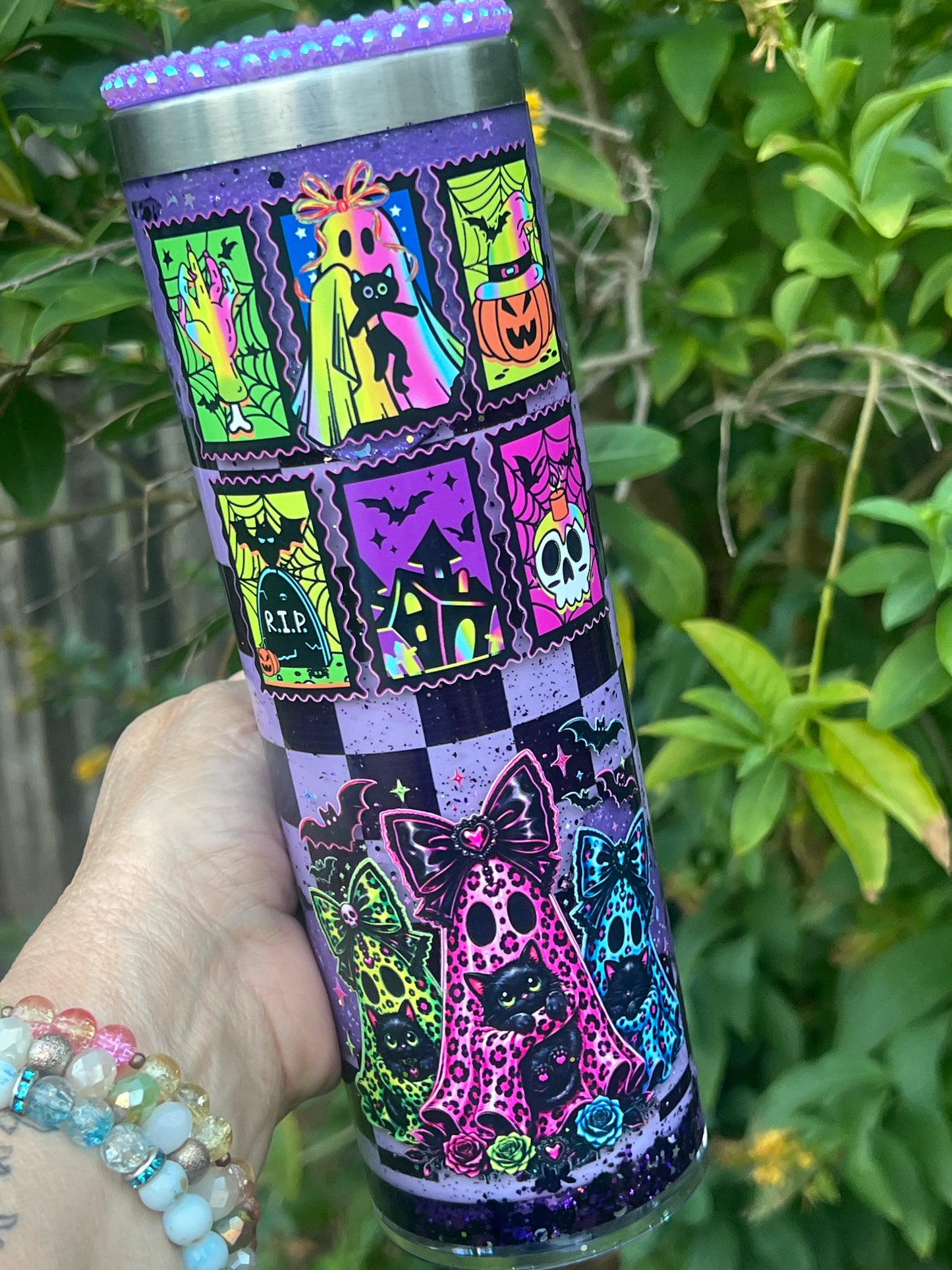 20oz acrylic and stainless steel combo, Halloween images, Rhinestone lid. Lava