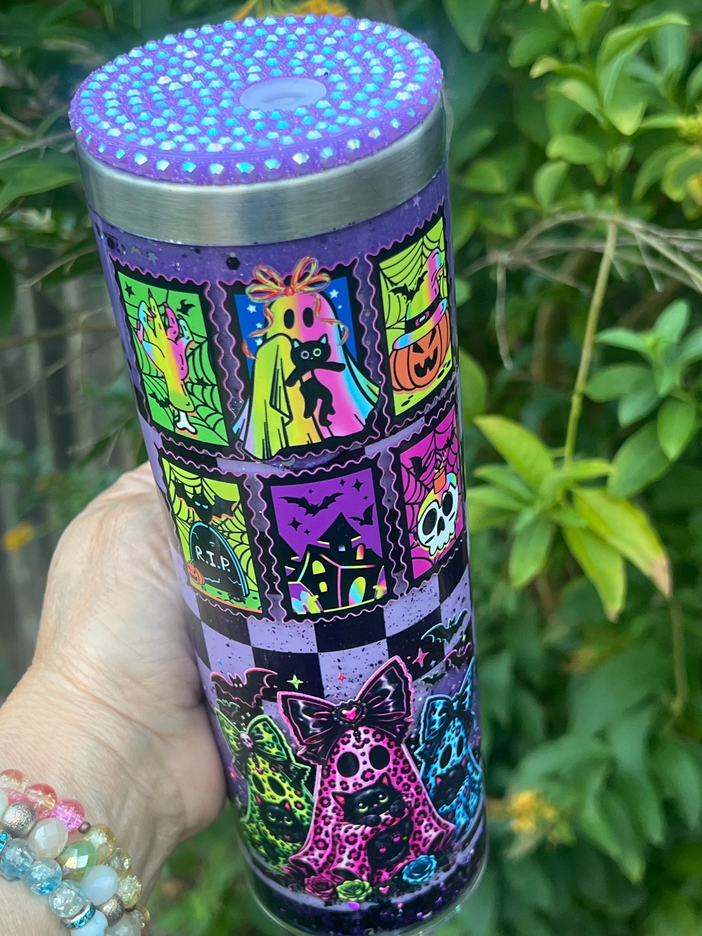 20oz acrylic and stainless steel combo, Halloween images, Rhinestone lid. Lava